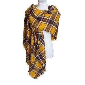 Altard State Blanket Scarf Wrap Golden Yellow Plaid Cozy Fall Fashion Fringe
